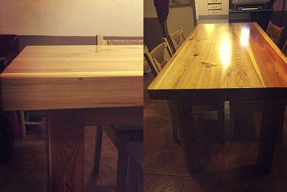 Mesa de comedor realizada desde cero, construida a base de madera de pino macizo barnizado en poriuletano.