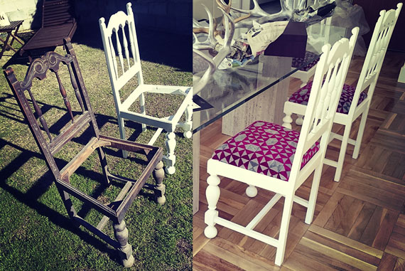 Estas de más 150 años de estilo castellano, completamente artesanales en madera de haya, fueron rehabilitadas en un proceso lento y delicado (dado a la sensibilidad de las sillas, tanto por su estado como por su valor) y de una gran complejidad dado que el cliente solicitó que su apariencia se adaptase a un entorno actual y moderno (si restar valor a este magnífico mobiliario). El tapizado de las sillas está incluido en su rehabilitación (tanto a nivel de telas, elegidas por el cliente, como en la estructura del asiento). La rehabilitación fue un éxito, dado que se consiguió una armonía perfecta entre su estilo y formas clásicas y un acabado moderno y elegante (realizado en laca blanca de poliuretano de alta resistencia).