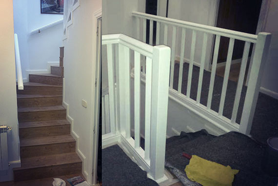 La escalera era inicialmente de obra con una barandilla inestable. La remodelación de la misma consistió en recubrir con tarima sintética la escalera (haciendo parecer que esta misma fue construirá en este material) acompañada de un trabajoso zócalo que sigue el zigzaguedao de los escalones y unos pasamanos de pino en la pared para proporcionar una mayor seguridad a la misma. La barandilla fue reforzada y modificada en la parte inferior para darle más estabilidad. El acabado de los pasamanos y la barandilla fueron terminados en laca blanca (cuyo color original era de pino).