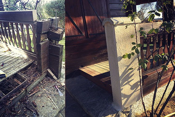 La obra de carpintería que se aprecia en la fotografía consistió en la sustitución parcial de la tarima y los durmientes, los cuales presentaban una seria y grave degradación. El balaustre principal irrecuperable) fue sustituido por uno de obra (por petición del cliente), proporcionando un anclaje perfecto al resto de la barandilla.