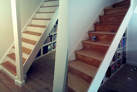 Inicialmente, la escalera que se encuentra en la fotografía estaba contenida dentro de un tabique en mal estado y cubierta con una moqueta excesivamente gruesa, vieja y en mal estado. El reacondicionamiento de esta estructura consistió en eliminar el tabique y colocando una columna en el inicio de la escalera, des esta manera la estancia ganó un sensación de espacio mucho mayor y convirtiéndola en un elemento más de la estancia. Se decidió conservar la madera de pino original de la huella, para recuperar la belleza original del estilo propio de la casa, cambiándola con una pintura blanca en la zancada y en la tabica. Además, al eliminar este tabique se ganó un espacio antes inexistente y oculto, dejando un hueco bajo la escalera y colocando bajo esta una librería de gran utilidad y que le aporta un valor añadido a la estancia. El lado de la pared en donde se sostiene la escalera estaba originariamente con un papel pintado ya descolchado y envejecido, que fue eliminado para dar paso a una pintura blanca que iría en armonía con la escalera y aportaría mucha más luminosidad a esta parte de la casa.