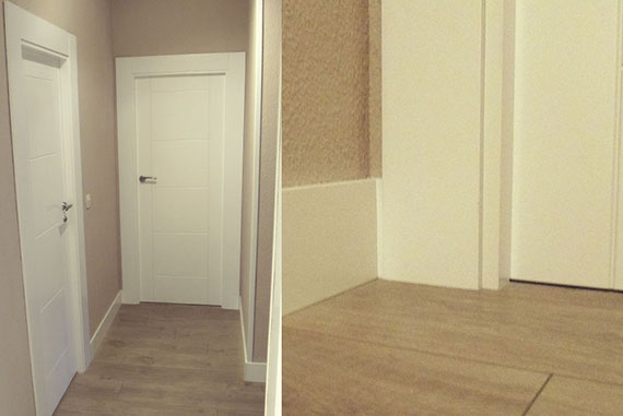 En esta fotografía se puede ver una obra de carpintería completa. Los marcos fueron conservados y el resto de la carpintería se adapto a estos, puesto que estos tenían una medida especial que quiso ser conservada. En la fotografía se puede ver el detalle de la precisión en las terminaciones del suelo, zócalo y puerta encajando al de forma precisa con el marco. El resultado final es un aspecto totalmente nuevo diferente al inicial con tan solo unos pocos cambios en la casa. El acabado en laca blanca fue recomendado por la escasez de luz que presenta esta casa. El suelo es de tarima flotante sintética biselada en roble claro, creando un contraste visual con la carpintería blanca.