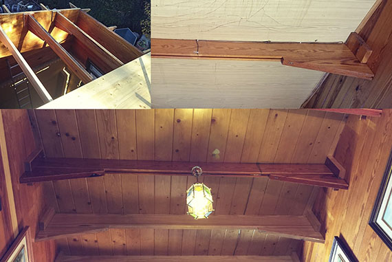 Se sustituyó a nivel estructural la cubierta de esta casa (la cual estaba muy deteriorada y con graves filtraciones). El tejado fue reconstruido proporcionando dos vigas más al diseño inicial para ofrecer una mayor resistencia y armonía estético/visual al interior. La parte interior visible tuvo una terminación con friso de pino tratado para exterior. En la parte externa (su cubierta) fue acabada con teja bitumínica, reforzando el alero con nuevos cartabones. El sellado final del tejado es de una gran calidad y resistencia, garantizando una durabilidad contra filtraciones mucho más longeva que la que se realizó en la construcción del tejado original. Su estética final es de una mayor calidad gracias a su nuevo diseño  y elección de mejores materiales.