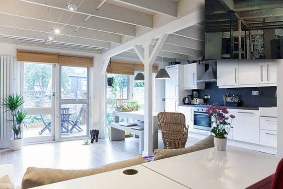 La reforma completa de esta parte de la casa consistió en la fusión de la cocina y el comedor eliminando su tabique divisorio creando un espacio mucho más abierto y amplio. Se modificó la distribución de los radiadores. Se redistribuyo todo el alumbrado y electricidad. Se eliminó toda la escayola del techo dejando al descubierto las vigas, y tras su limpieza y acondicionamiento se pintaron en blanco (camuflando de esta manera todos los servicios) dando un aspecto nuevo y elegante. La cocina fue sustituida por completo [Buscar ejemplo en otras fotografías]. El diseño general de toda esta nueva estancia es de carácter conceptual, dando una sensación sosiego, amplitud y bien estar.