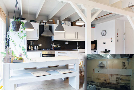 La reforma completa de esta parte de la casa consistió en la fusión de la cocina y el comedor eliminando su tabique divisorio creando un espacio mucho más abierto y amplio. Se modificó la distribución de los radiadores. Se redistribuyo todo el alumbrado y electricidad. Se eliminó toda la escayola del techo dejando al descubierto las vigas, y tras su limpieza y acondicionamiento se pintaron en blanco (camuflando de esta manera todos los servicios) dando un aspecto nuevo y elegante. La cocina fue sustituida por completo [Buscar ejemplo en otras fotografías]. El diseño general de toda esta nueva estancia es de carácter conceptual, dando una sensación sosiego, amplitud y bien estar.