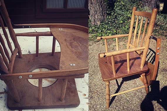 Difícil restauración de una silla infantil en madera de haya. Gravemente afectada por la carcoma. El acabado de este trabajo ofreció un resultado óptimo tras lijar y sustituir partes afectadas. El acabado fue en barniz de poliuretano.