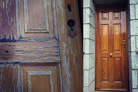 Esta puerta de roble gravemente deteriorara por su falta de mantenimiento y afectada por las inclemencias del tiempo. Al parecer, esta puerta fue tratada de manera inadecuada con un barniz pelicular que no ofreció la protección necesaria a la puerta. Tras ser lijada, se le aplicó un lasur de poro abierto de la máxima calidad. También se realizó un reajuste de cerraduras y bisagras.