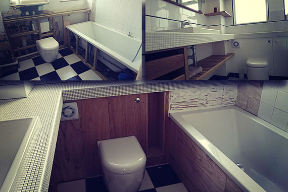 Reforma completa de cuarto de baño. Esta reforma requirió de albañilería, fontanería, electricidad, carpintería y pintura. El espacio del cuarto presentaba una apariencia incómoda, poco práctica y nada agradable. Tras su reconversión se transformó en una de las habitaciones más deseables de la casa, capaz de albergar las acciones más íntimas a la vez las más familiares, capaz de generar nuevos recuerdos (como por ejemplo, bañar tus hijos pequeños). 